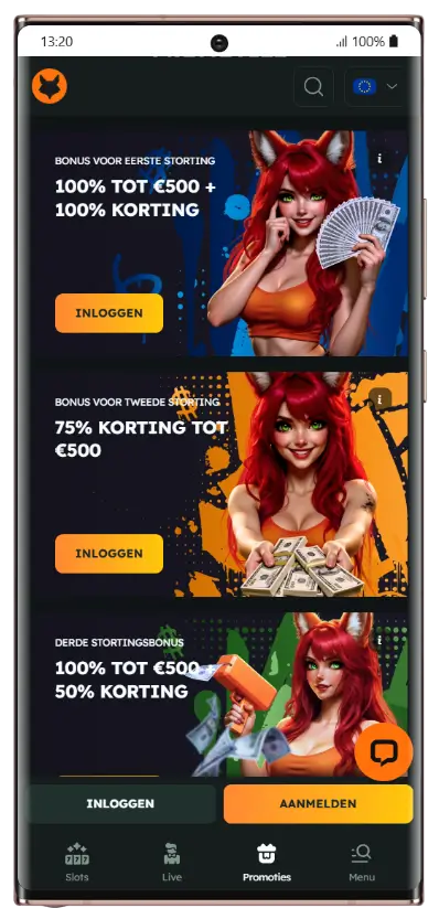 Promotiespagina van FoxSlots Casino met drie stortingsbonussen: 100% tot €500 bij de eerste storting, 75% tot €500 bij de tweede storting en 100% tot €500 bij de derde storting