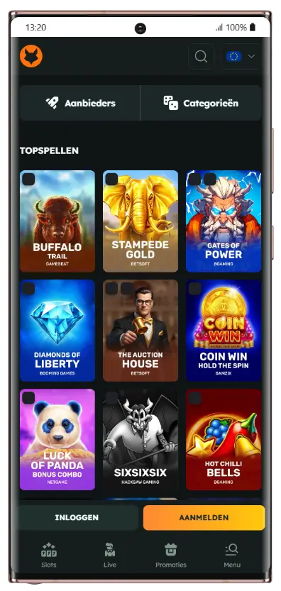Mobiel overzicht van topspellen in de FoxSlots Casino-app, met slottitels zoals Buffalo Trail, Stampede Gold, Gates of Power en Coin Win